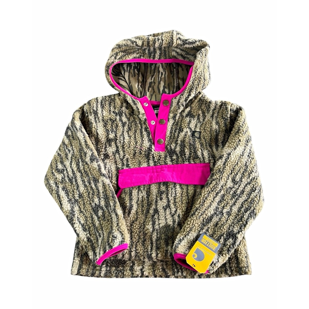 Carhartt Girls Size 6 Gray Camo Fleece Pullover Hoodie Pink Trim Snap Logo